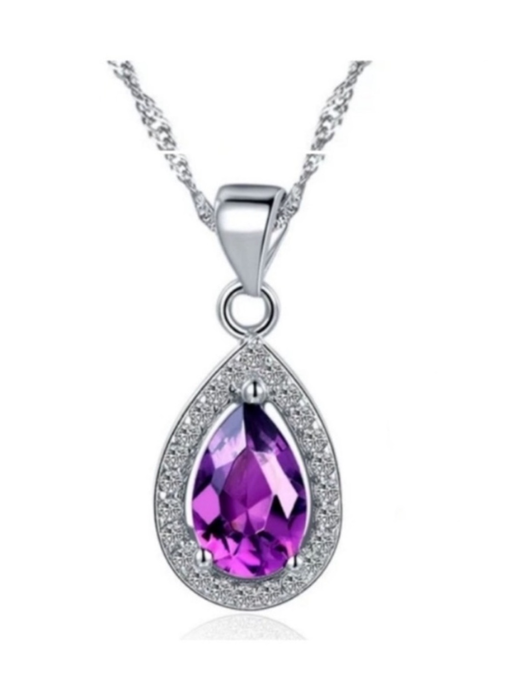 Swarovski Elements 925 Sterling Silver Amethyst Purple Teardrop Necklace NEW